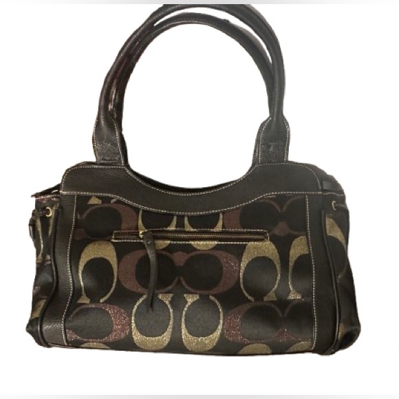 Coach Metallic Signature Jacquard Satchel + Cosmetic Pouch Copper Gold - Picture 4 of 16